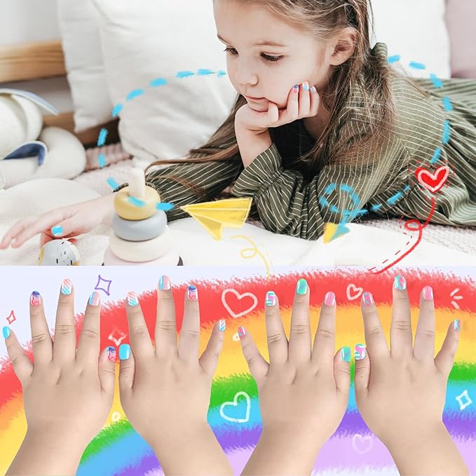 Laza 72pcs Children Nails Press On Pre-glue Full Cover Mermaid Pink Green Blue Scale Shell Short False Nail Kits for Kids Teenager Girls - Mermaid’s Dream