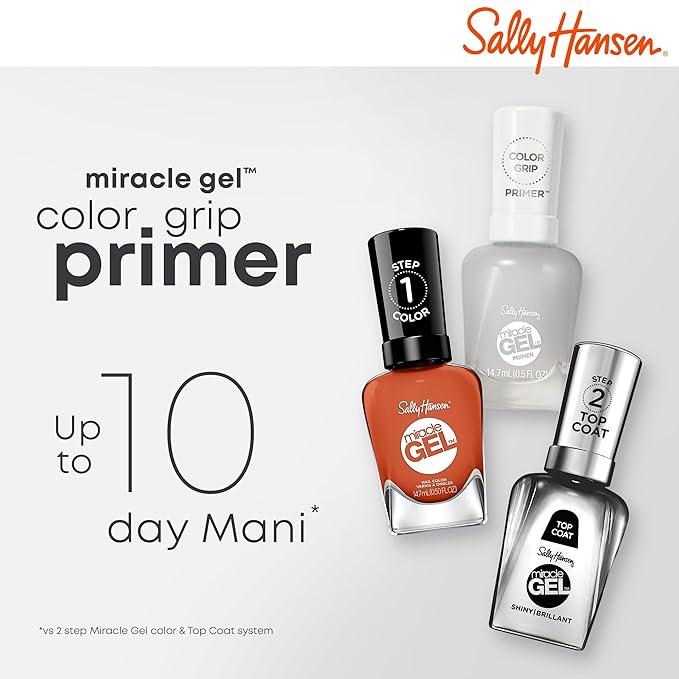 Sally Hansen Miracle Gel Nail Polish Color Grip Primer and Base Coat| Salon Quality, Gel-Like Formula, Two-Step System, No UV Light Needed, Long Lasting | Clear, Glossy
