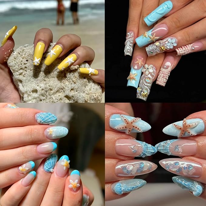 Sea Themed Silicone Nails Art Mold Set with Summer Seaside Shell Conch Starfish Coconut Tree Flower Designs 3D Template Carving Mold for Manicure Designs