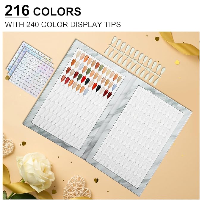 216 Nail Colors Book,Professional Nail Polish Chart Book with 240 Practice Tips & 1-300 Number Labels, Pre-Numbered Slots,Perfect for Salons and Home Use(Marble)