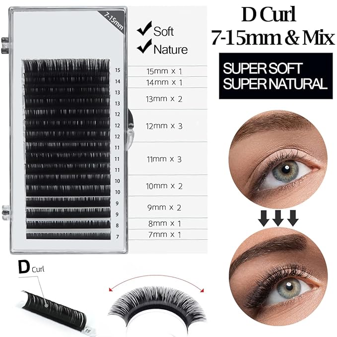 Eyelash Extension Supplies Kit with Individual Lash 0.07D Curl Mix 7-15mm USB Lash Fan Dryer Gel Patch Silicone Holder Pad Tweezers Mirror Disposable Mascara Brush Mini Applicator Glue Ring Tapes