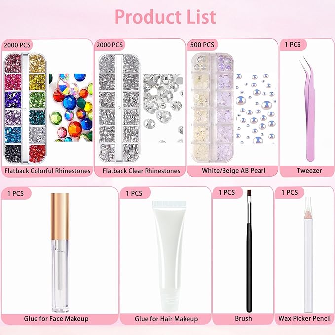 Hair Face Gems Rhinestone with Makeup Glue, Flat Back Colorful Jewels Crystal Rhinestone Half Round AB Pearl Kit, Wax Pencil Tweezer and Brush for Face Eyes Hair Body Makeup