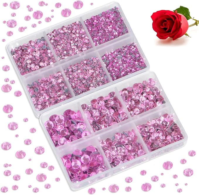 Bymitel Hotfix Crystal Rhinestones Round Gems for Crafts,Mixed 6 Sizes with Wax Pencil Kit, Lt. Rose 1.6-6.3mm SS4-SS30/8000pcs