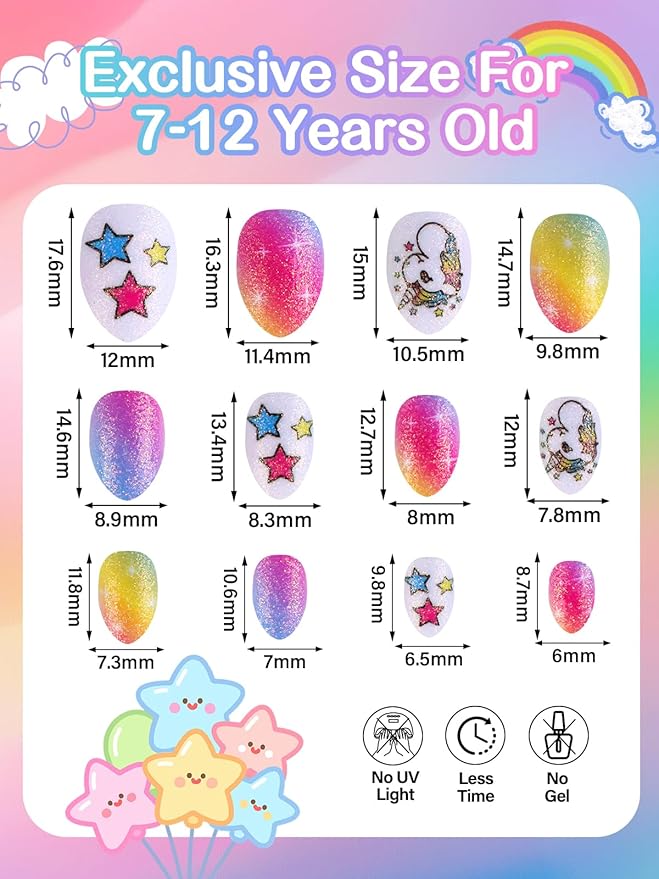 EBANKU Press on Nails Girls, 72Pcs Fake Artificial False Nail Tips Full Cover Star Cute Patterns Design Acrylic Nails with Nail Glue for Home Party