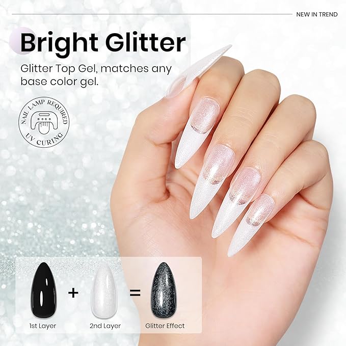 MIZHSE Silver Glitter Gel Polish, Silver Iridescent Gel Polish Glitter 2-in-1 Sparkly Long Lasting Soak Off, for Nail Art Home DIY 12mL