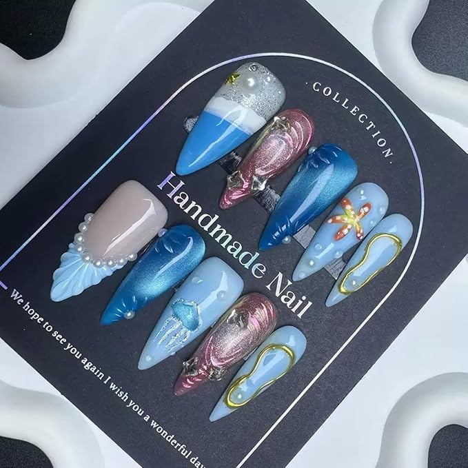 100% 5D Handmade Press on Nails with Charms Long Stiletto Nails Press ons Beach Ocean False Nails Ombre Blue Press on Nails Summer Fake Nails for Women Girls Daily Wear DIY Manicure Size L