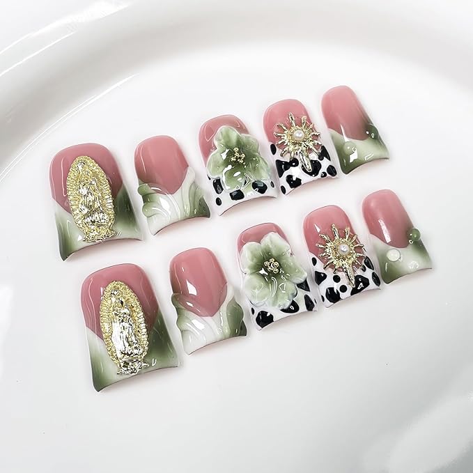 Flower Press on Nails Short Duck Handmade 3D Pearl & Golden Rhinestone Fake Nails Green White Gradient French Tip False Nail with Designs Floral Thicked Acrylic Nails for Women (Size S)