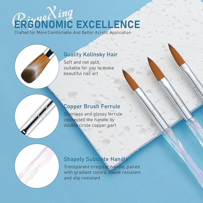 3PCS Acrylic Nail Brush Set, Size 8/10/12 Professional Nail Brushes for Application Acrylic Powder Brush for Nail Art DIY Home Salon Nail Manicure Tool