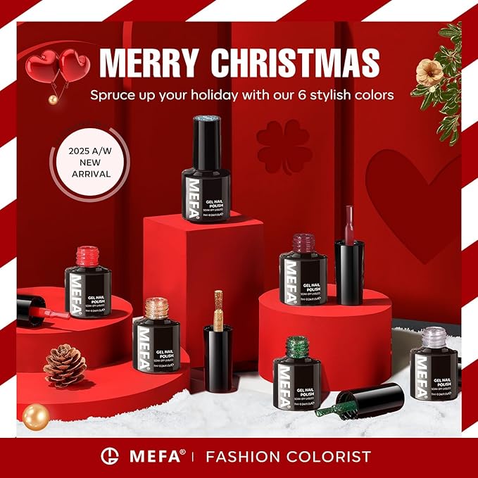 MEFA Gel Nail Polish Set, 6 Colors Burgundy Red Dark Green Glitter Gel Polish Silver Gold Sparkle Nail Polish Manicure Soak Off DIY Salon Decorations Gifts