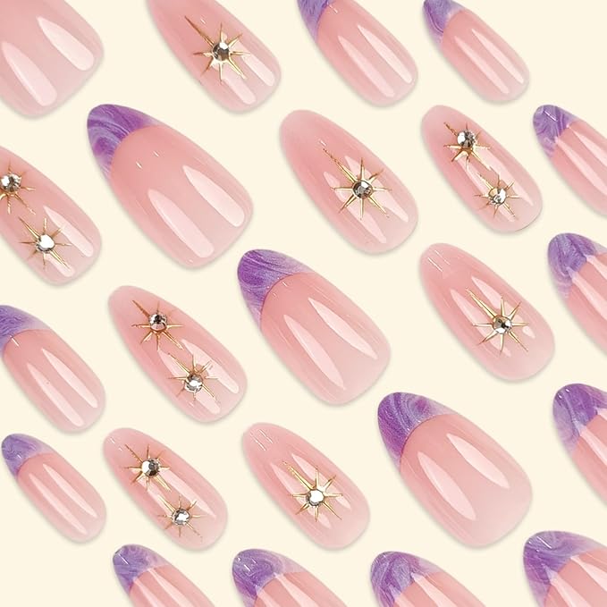 Medium Press on Nails Almond Fake Nails French False Nails Purple Artificial Nails with Gold Star and Rhinestones Designs Nude Stick on Nails for Women 24pcs