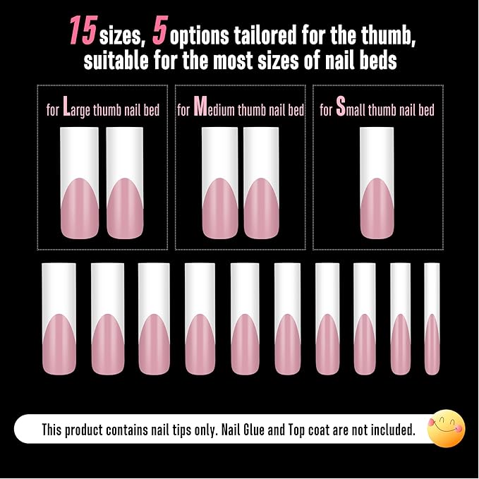 NOVO OVO XXL Square Nail Tips - 150Pcs Soft Gel Nail Tips, Pre-Colored Berry Pink White French Tip, No C Curve Straight Acrylic False Nails for Extension, PMMA Gel X Tips Press on Nails Kit (15 Sizes)