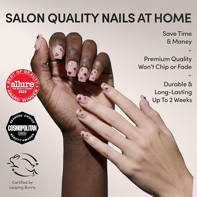 Valentines Day Glamnetic Press On Nails - Dear Lover | Short Squoval Fake Nails in Sheer Base with 3D Red & Pink Gemstone Heart Designs in a Glossy Finish | 15 Sizes - 30 Nail Kit with Glue