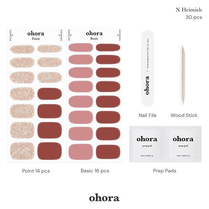 ohora Semi Cured Gel Nail Strips (N Heimish) - Brown, Glitter, Works with Any UV/LED Lamps, Salon-Quality, Long Lasting, Easy to Apply & Remove - Includes 2 Prep Pads, Nail File & Wooden Stick