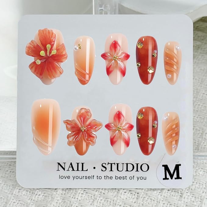 Handmade Press on Nails French Medium Almond Fake Nails with 3D Flower Pink Red Gradient Design Gold Maple Leaf False Nails for Girls Manicure Art Decoration Accessories (Size M)