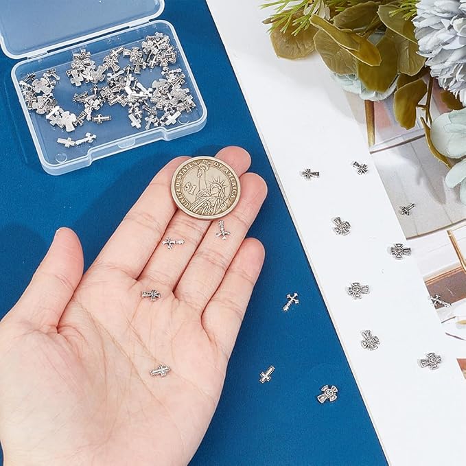 CRASPIRE 100Pcs Cross Nail Charms for Nails Accessories 5 Style Metal Alloy Silver Flat Nail Gems Set Gothic Vintage Punk Studs Decor for Women Nail Art Design Supplies DIY Christmas Decorations Craft