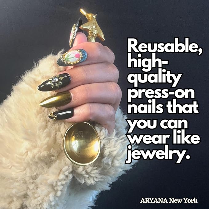 ARYANA NEW YORK 3D Press On Nails Handmade with Full Covered Crystals and Flowers Reusable Fake Nails Luxury Almond Nail Set, 10 PCS Acrylic Handmade Press On Nails - Flower Collection - (Small)