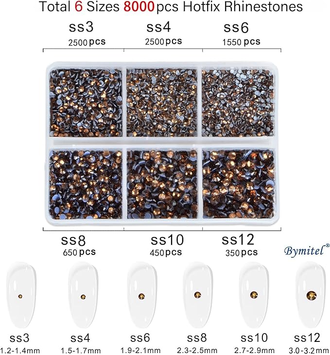 Bymitel Hotfix Crystal Rhinestones Round Gems for Crafts,Mixed 6 Sizes with Wax Pencil Kit, Smoked Topaz1.3-3.2mm(SS3-SS12/8000pcs)