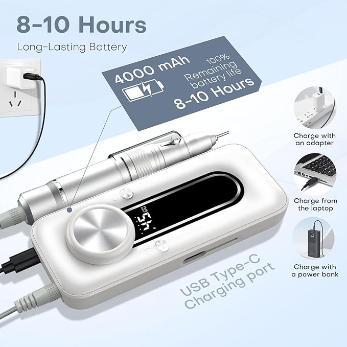 Nail Drill Electric Nail File Kit 45000 RPM Professional Efile Nail Set,Cordless Portable Rechargeable Acrylic Gel Nail Polish Remover Machine Pedicure Manicure Tool for Salon Home White