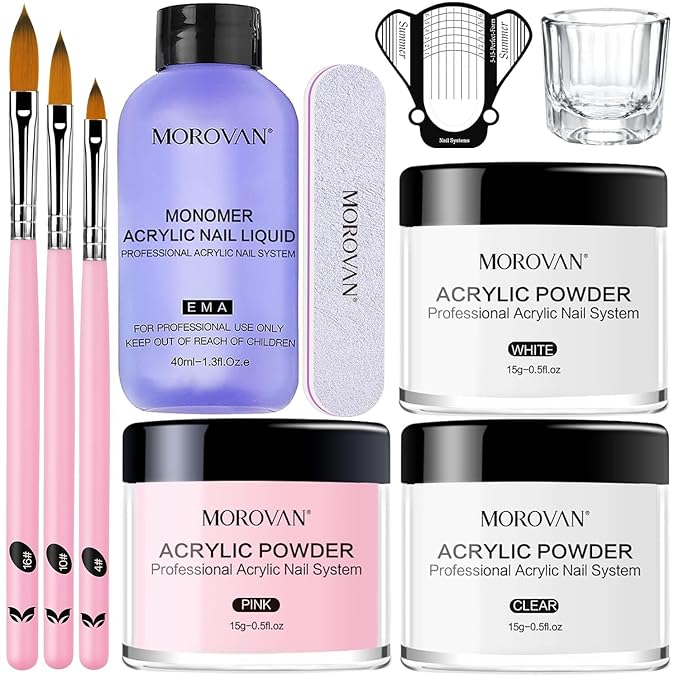 Morovan Acrylic Nail Kit: Clear Pink White Powder and Professional Liquid Set for Nail Extension - DIY at Home With Brush for Beginners