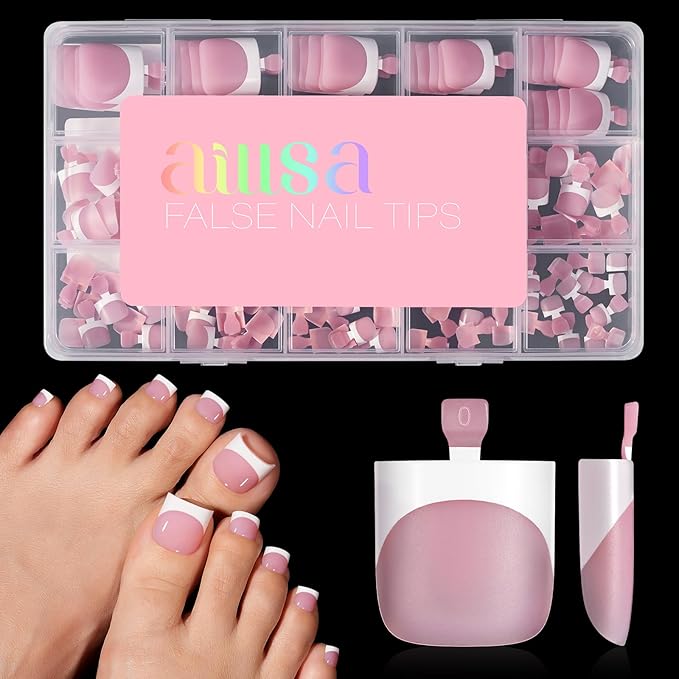 AILLSA French Tip Toe Nail Tips Press on, 150PCS Sharp Square Pre-Designed Fake Toenail Extension, 15 Sizes Berry Pink Acrylic Wearable Full Cover for Women Nail Art DIY