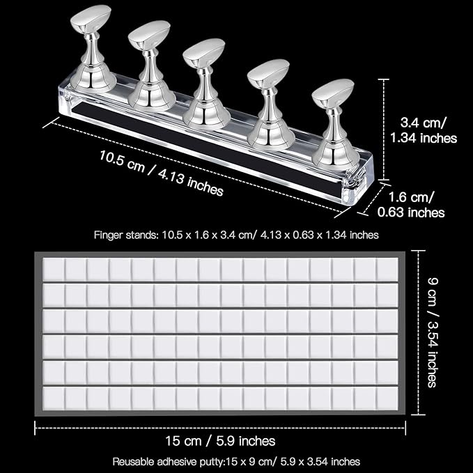 Blulu 2 Set Nail Stand for Painting Press Nail Holder Acrylic Magnetic Tips Training Fingernail Display Stands DIY Crystal Holders and 96 Pieces White Reusable Adhesive Putty(Silver)