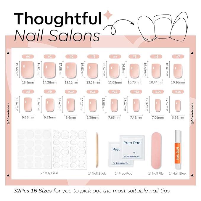 Modelones Nude Pink Press on Nails, Spring Short Square Fake Nails, Semi-Transparent Reusable Nail Kit with Nail Glue Adhesive Tabs Mini Nail File, Nails Press Ons 32Pcs16 Sizes, Women Girl Gift