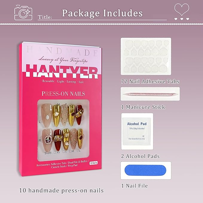 Almond Press On Nails, Handmade Soft Gel Luxury Jewel Tone Fake Nails with Vintage Gold Accents & Pearl Embellishments, Elegant Reusable False Nails 10PCS Kit (Size XS)
