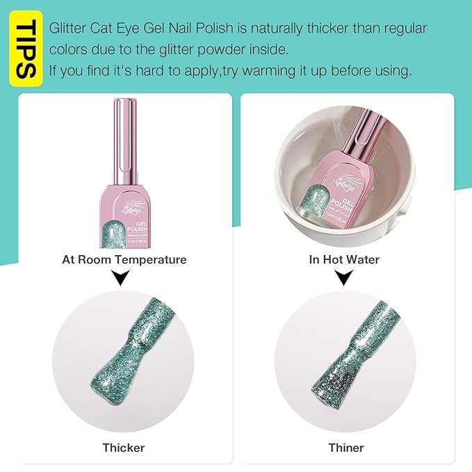 Green Cat Eye Gel Nail Polish with Magnetic Stick - 12ML Glitter Magnetic Nail Polish for Multiple 3D Effects, Soak Off UV LED Gel Polish for DIY Manicure Salon Gifts for Women
