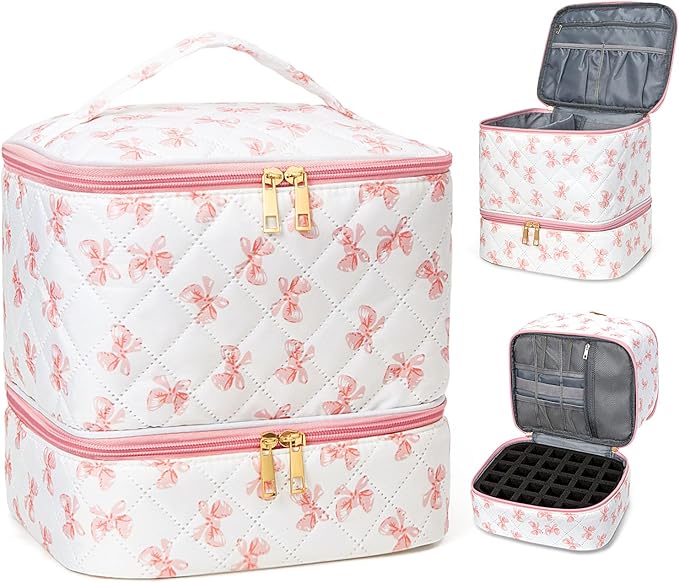 Nail Polish Organizer Aesthetic Nail Organizers and Storage, Bow Nail Supplies Kit Organizer Travel Carrying Case for Manicure Tools (Bow A, 2 Layer)