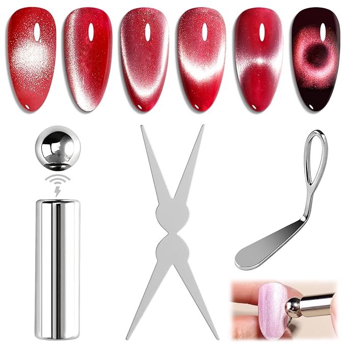 Nail Magnets for Cat Eye Gel Polish, Ball & Cylindrical Magnets with French Tip Metal Plate and Ring Plate for Halo, Glass Bead & French Cat Eye Effects, Manicure Magnetic Tool Kit