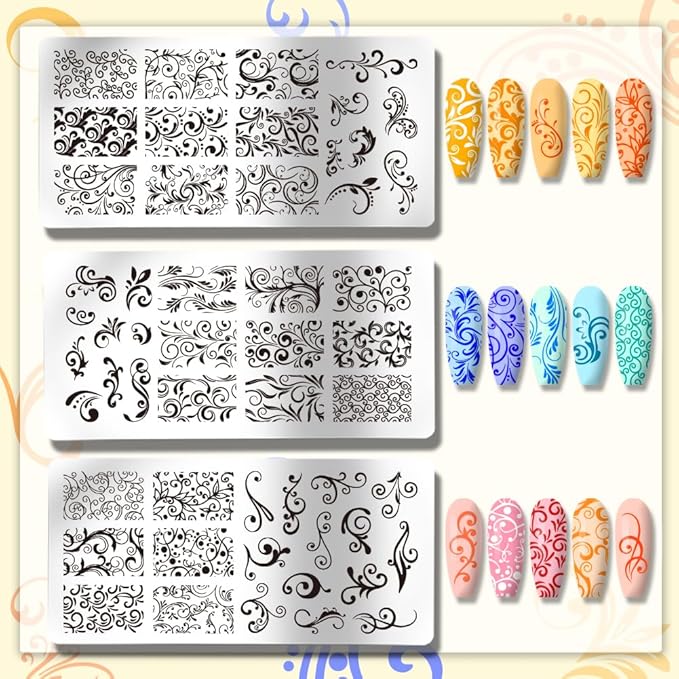 PH PandaHall 3pcs Swirl Pattern Nail Art Templates, French Nail Stamping Plate 52 Patterns Plant Floral Nail Art Stencils Stainless Steel Stamping Plates for Nail Design Print Manicure Salon Spring