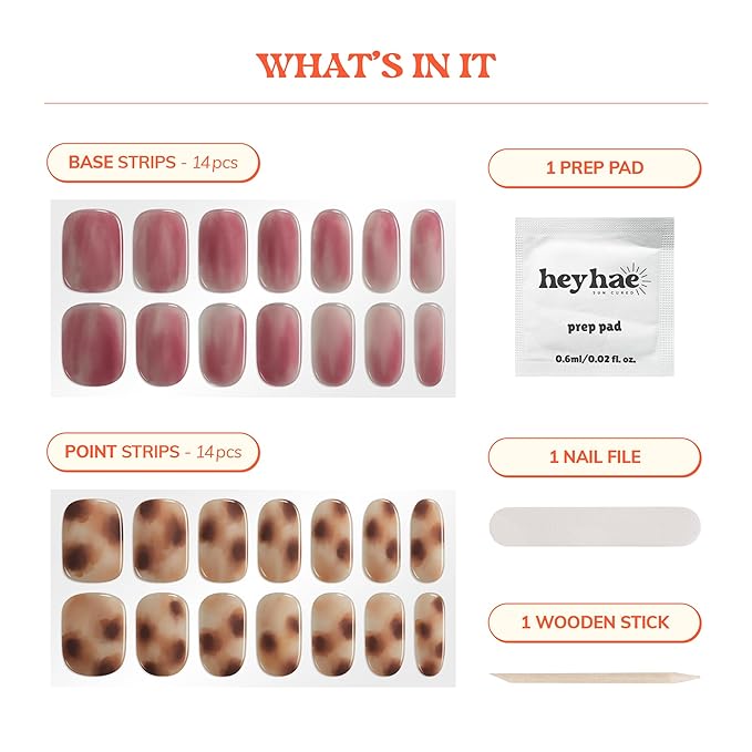 Heyhae Semi Cured Gel Nail Strips | No LED Lamp Needed | Summer, Marble, Red | Easy Apply & Remove, Salon Quality | Includes 28 Strips, 1 Prep Pads, Nail File & Wooden stick - Hey, She Ate