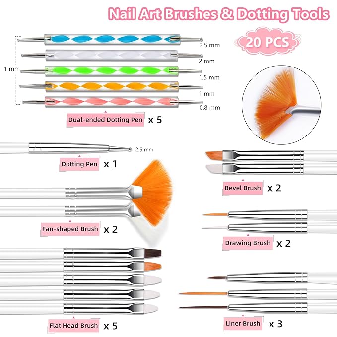 20 Nail Art Brushes Kit with Striping Tapes, Gold Flakes, Pearls, Rhinestones, Glitter & Flower Stickers for Gel Nails DIY Manicure Set (White)