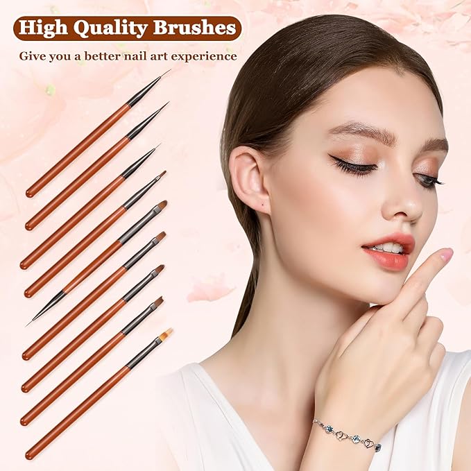 9Pcs Nail Art Brush Set, Builder Painting Design Detail Drawing Brushes Dotting Pen Double-Ended French Liner For Gel Polish Manicure Tools Acrylic Home DIY Salon Use Women, Brown