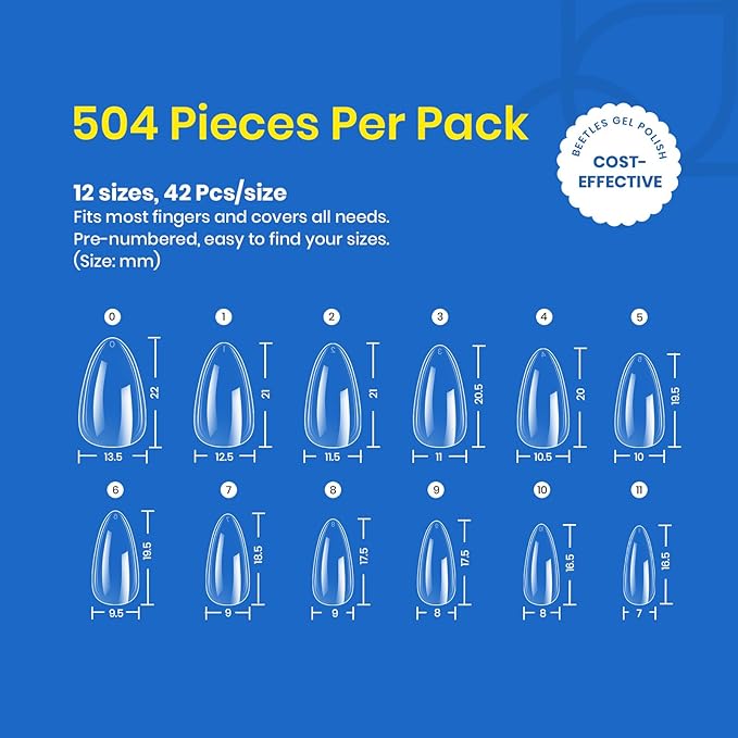 Beetles Gel Nail Tips Soft Nail Extension Set 504Pcs 12 Sizes Pre-Shape Clear Short Almond Nail Tips Press on Soft Gel Tips for Full Cover Soak off False Nails for Nail Art DIY Home Manicure