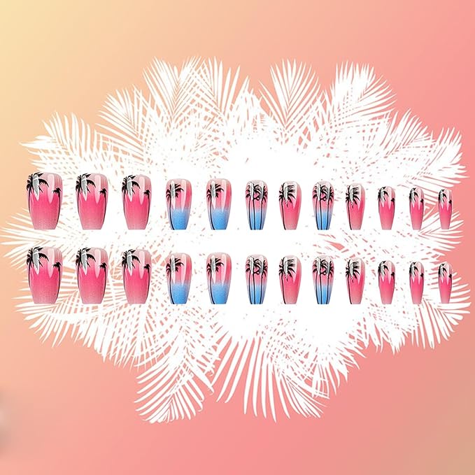 French Tip Press on Nails Medium Coffin Fake Nails with Coconut Tree Designs Seaside Starry Sky Gradient Glue on Nails Pink Blue Acrylic Nails Summer Beach Stick on Nails for Women Girls