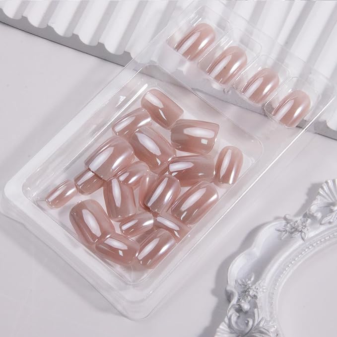 Ombre Press on Nails Short Square Fake Nails Chrome False Nails Press ons for Nude Gradient Manicure Reusable Artificial Nail Full Cover Glossy Glue on Nail Stick on Nails for Women 24 Pcs