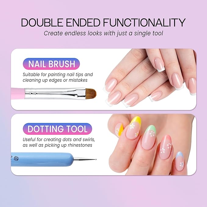 Ivy-L Premium 2 Way French Gel Acrylic Nail Art Kolinsky Brush With Dotting Tool for Professional Manicure Cuticle Clean Up Nail Art Design, Pink Blue Wood Handle (Size 16)