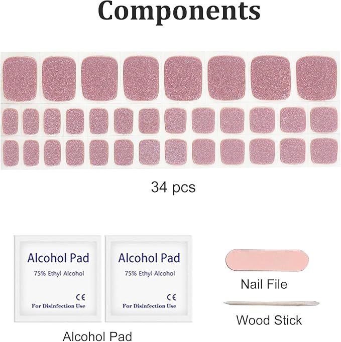 34 Pcs Semi Cured Gel Toe Nail Strips Light Purple Glitter Gel Nail Stickers Full Cover Nails Wraps Self Adhesive Toe Nails Polish Strips Stickers for Women UV/LED Light Required