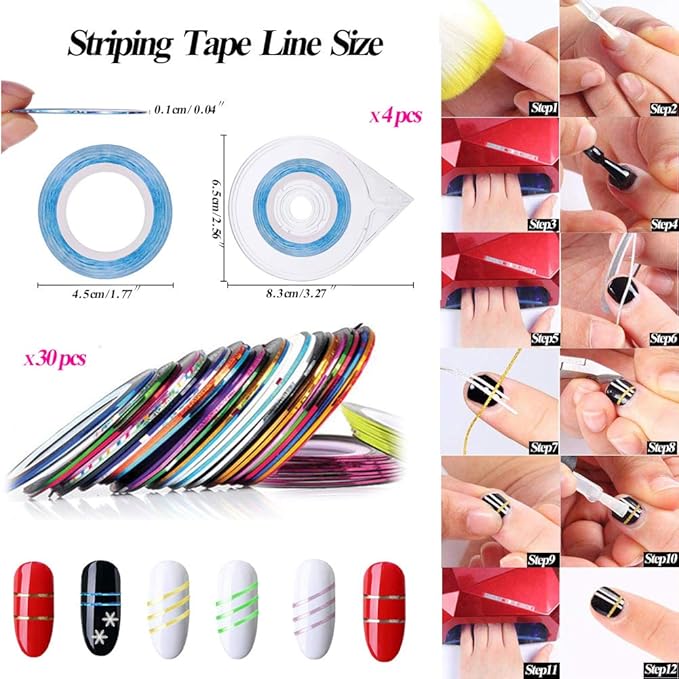 Nail Art Kit includes 30 Striping tape & 4Pcs Striping Roller Box & 12 Colors Rhinestones & 5pcs Dotting Pen & 15pcs Brush Set