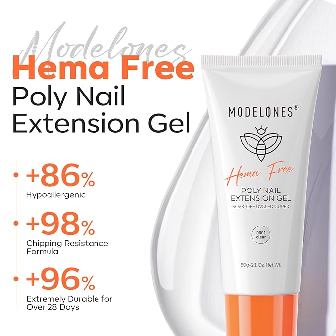 modelones Poly Gel, Hema-Free 60ML Clear Poly Extension Gel Nail Strengthener Enhancement Thickening Natural Wearing Nail Builder Overlays Home DIY Salon
