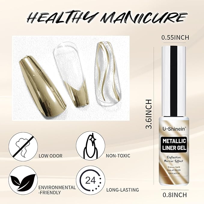 12ml Metallic Painting Gel Liner Nail Art 3D Mirror Chrome Effect Nail Polish Metal Painted Drawing Build in Thin Brush Soak Off UV/LED Bronze Gold Striper Gel for Nail Art Manicure