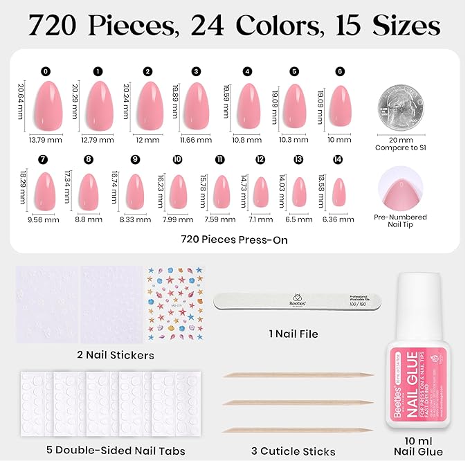Beetles Press On Nails Kit - Chromatic Reverie | 720Pcs 24 Colors Short Almond Press On Nails | 15 Sizes French Glossy Glitter With Nail Glue & Nail Tabs Stickers, Fake Nails Kit Art For Women