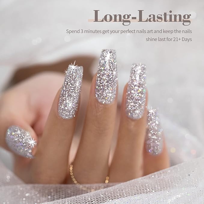 RARJSM Silver Glitter Gel Nail Polish,Reflective Glitter Gel Polish Silver Beige Holographic Iridescent Shimmer L E D U V Soak Off Sparkle Diamond Gelpolish Nail Art Manicure Salon DIY at Home
