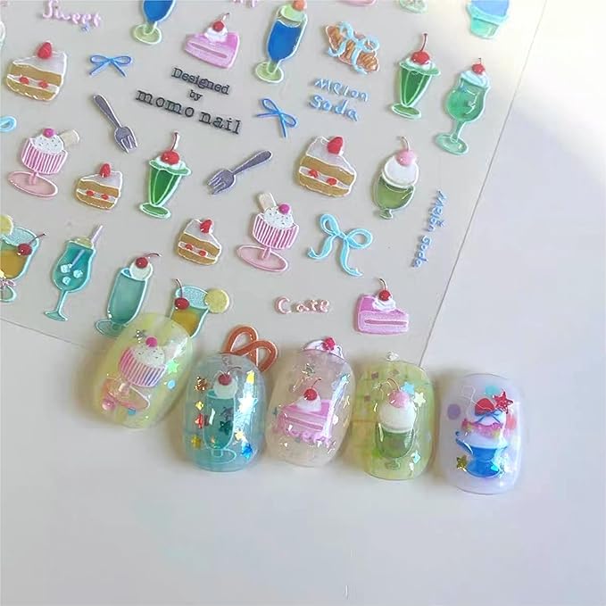 Dedyel Food Nail Art Stickers 3D Cake Dessert Donut Ice Cream Cookies Fruit Bread Self-Adhesive Nail Stickers for Women Girls Kids