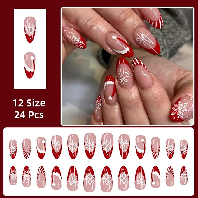 Press On Nails Almond Christmas, French Tip Press on Nails Short, Glue On Nails for Women Gift, Supremely Fit Natural Reusable Stick On Nails in 12 Sizes -24 Fake Nails Kit, French Red Stripe