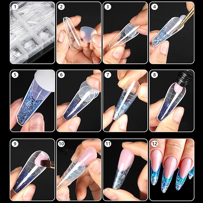 BlueZOO 288Pcs Nail Dual Forms with French Guide Lines Outside, 4 Shapes 192Pcs Poly Gel Nail Molds & 96Pcs Silicone Reusable French Tip Sticker for DIY Nails Extension Manicure Art Home Salon,12 Size