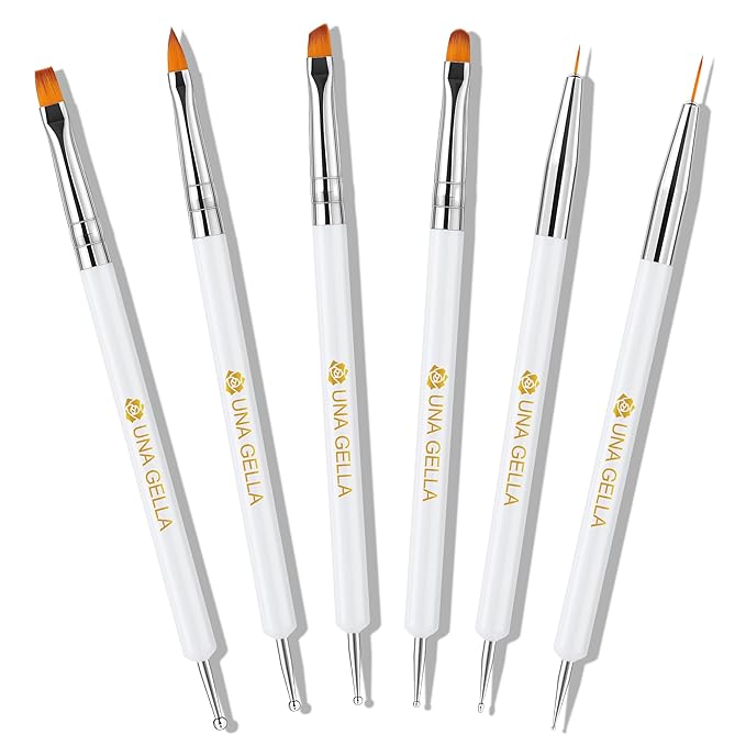 UNA GELLA Nail Art Brushes Set 6PCS White Color Nail Design Painting Brush Set Nail Dotting Tools Double-headed Nail Art Builder Gel Polish Christmas Liner Brushes for DIY Nail Drawing Supplies