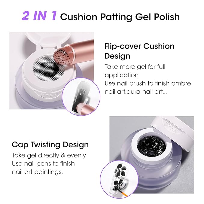 GELLEN Cushion Patting Gel Polish, Ombre Black Nail Polish, Pat Pat Painting Gel for Drawing Liner French Nail with Silicone Brush & 36pcs French Tip Guide