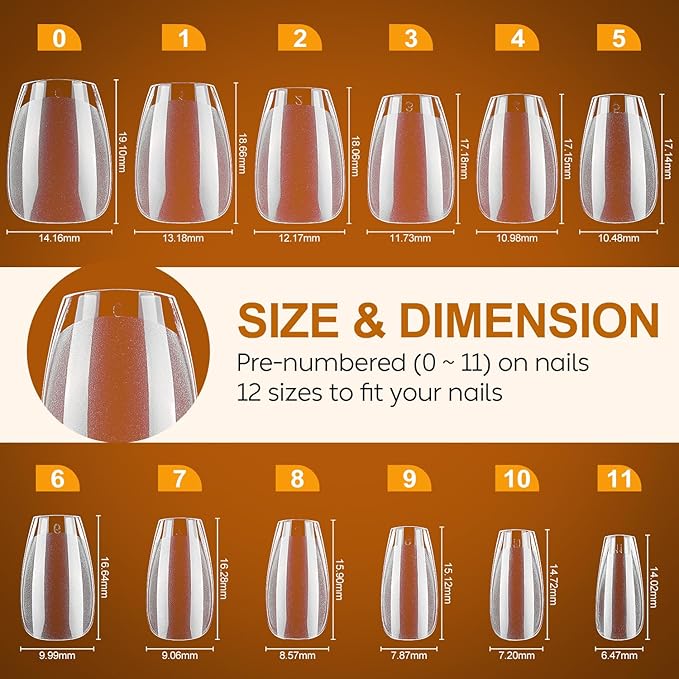 Nicedeco Coffin Nails Tips 216pcs Soft Gel Nail Tips Full Cover False Nails Pre-shaped Clear Acrylic Press on Nails 12 Sizes - 010